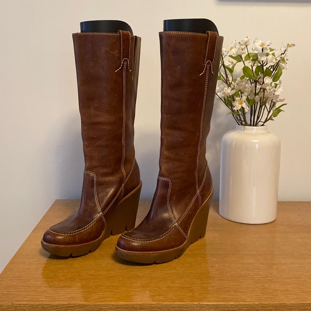 MICHAEL Michael Kors Women’s Brown Genuine Leather Knee High Pull On Wedge Boots